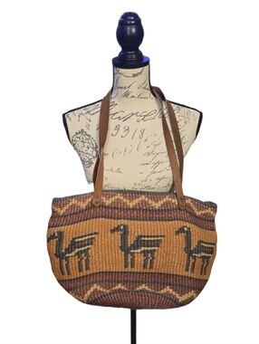 Vintage SISAL Woven Animal Print Tote Bag in Brown and Tan